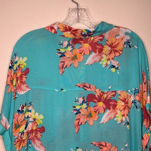 ANA Oversized Button Up Shirt Aqua & Peach Floral Hawaiian Dolman Sleeve Medium - Picture 4 of 14